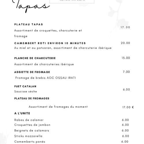 Carte Tapas Cambo les bains