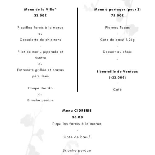 Formules et Menu Restaurant Villa Bleue Cambo