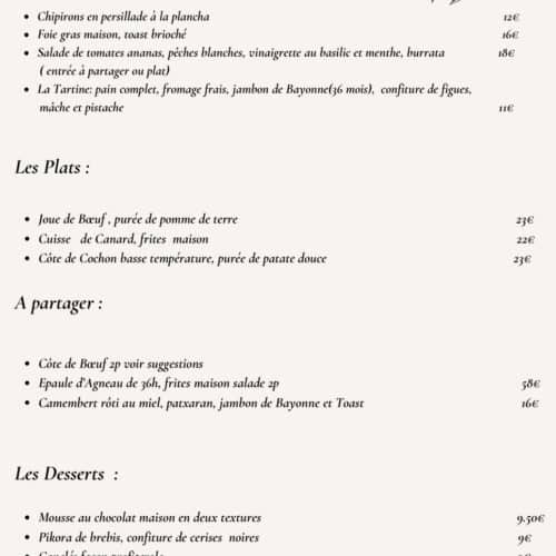 Carte des entrées, plats et desserts du restaurant La Villa Bleue à Cambo-les-Bains