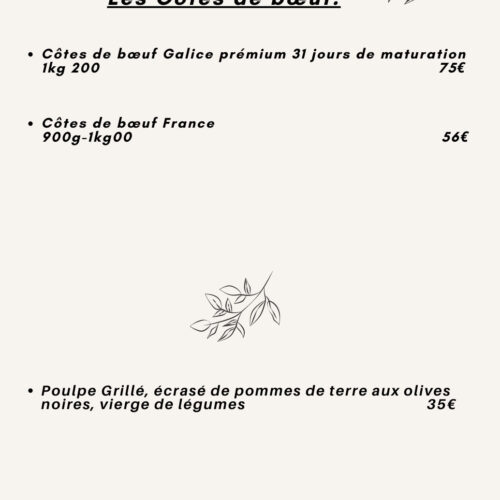 Suggestions du moment et côtes de bœuf maturées du restaurant La Villa Bleue
